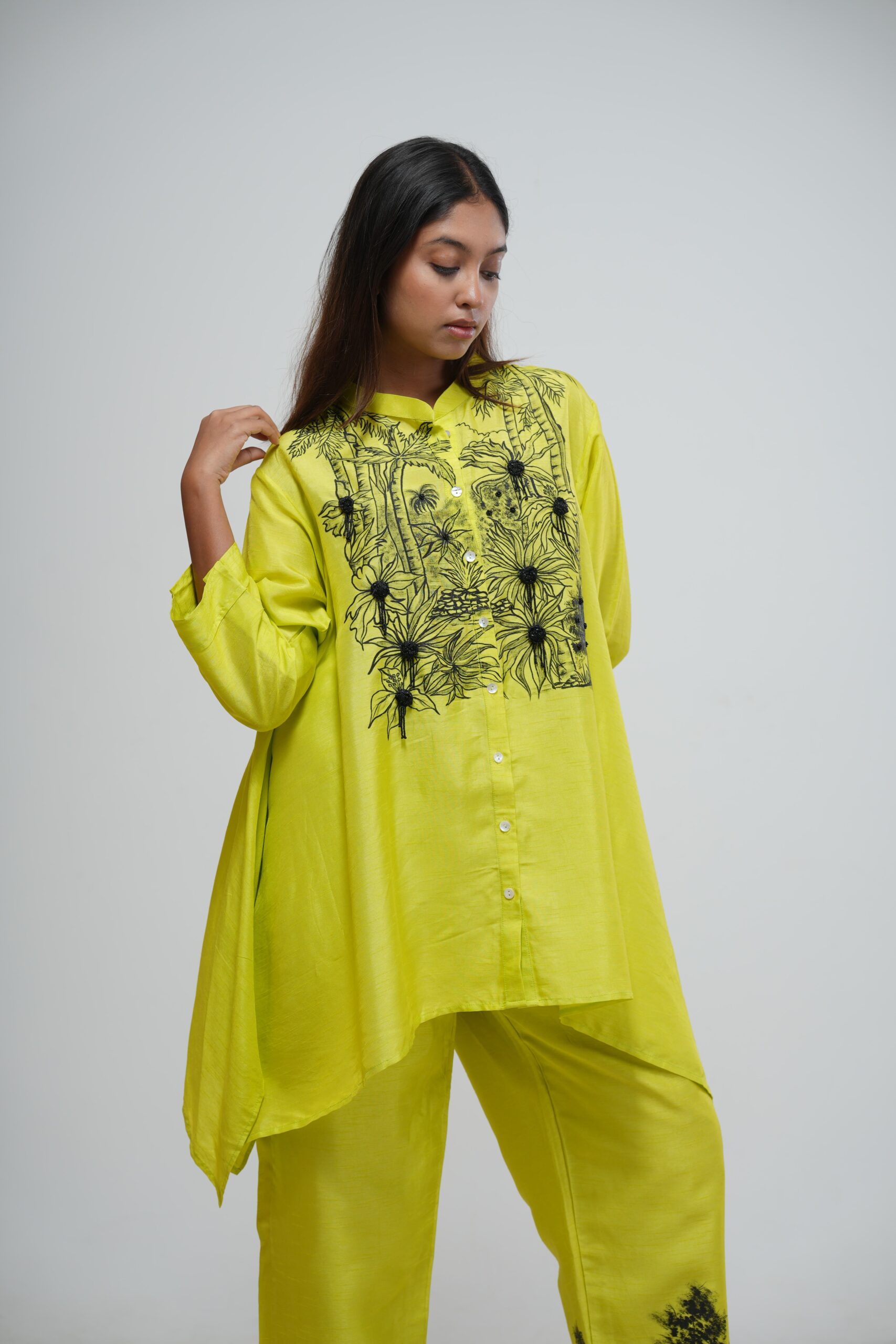 Slime Green Embroidered Asymmetric Kaftan thumbnail