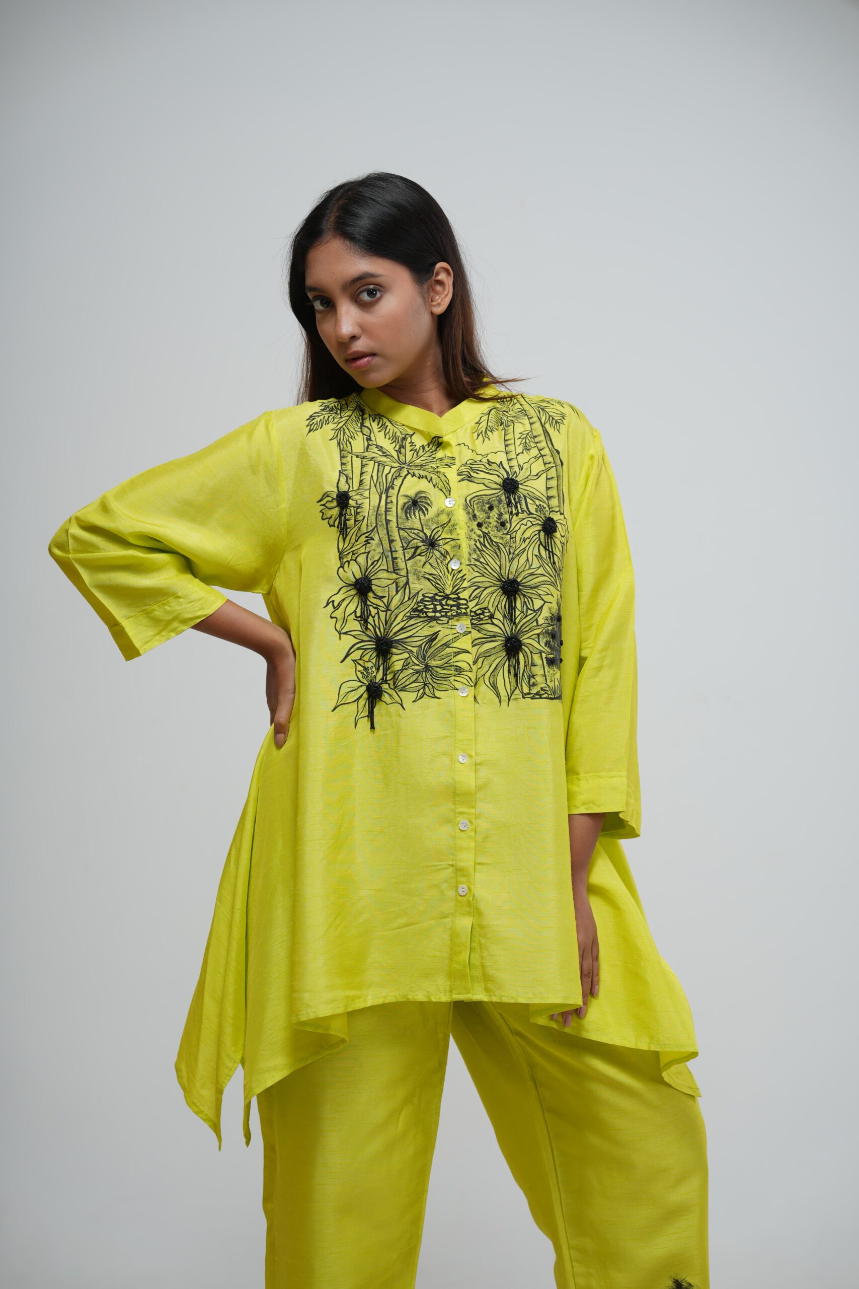 Slime Green Embroidered Asymmetric Kaftan thumbnail