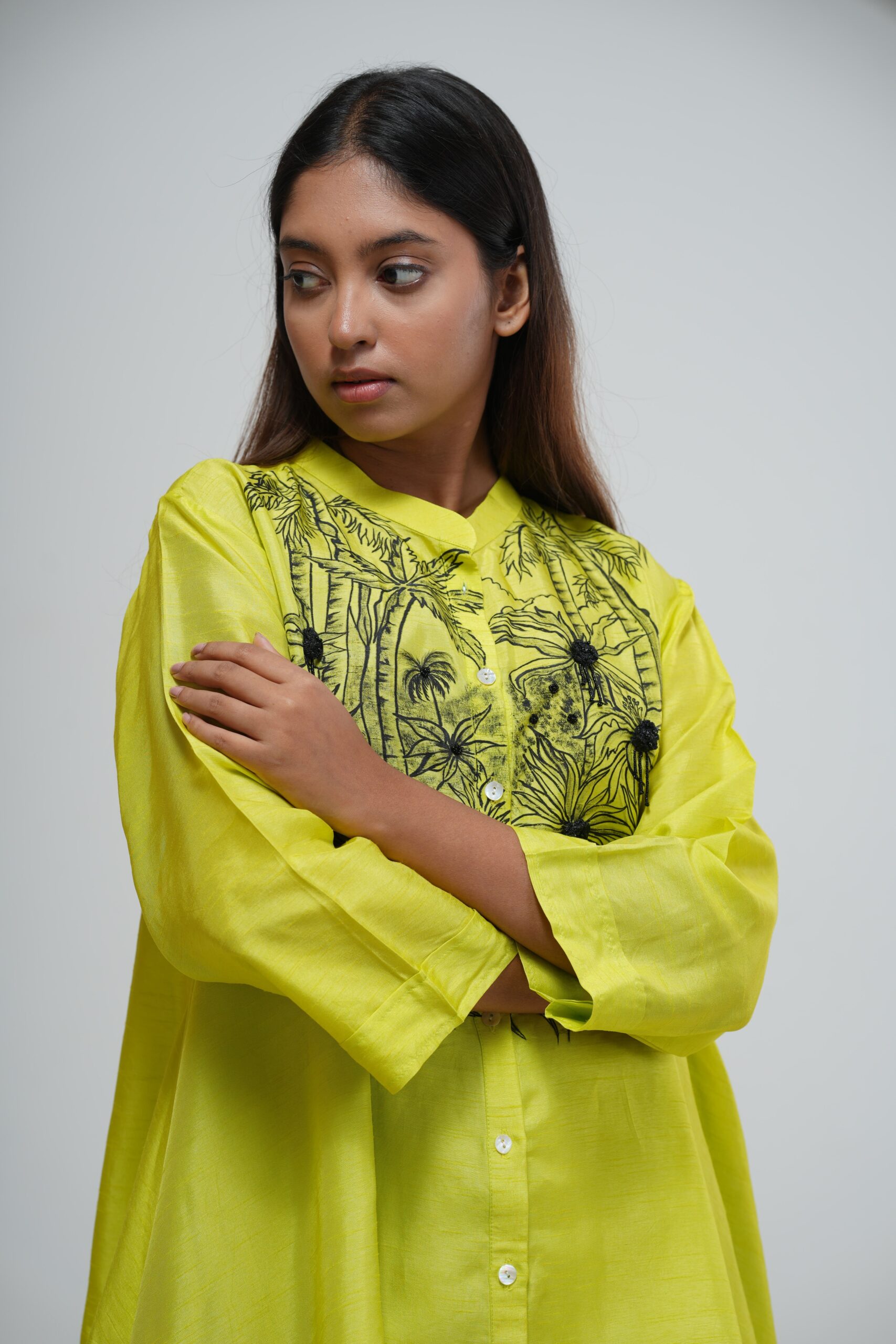 Slime Green Embroidered Asymmetric Kaftan alternate view