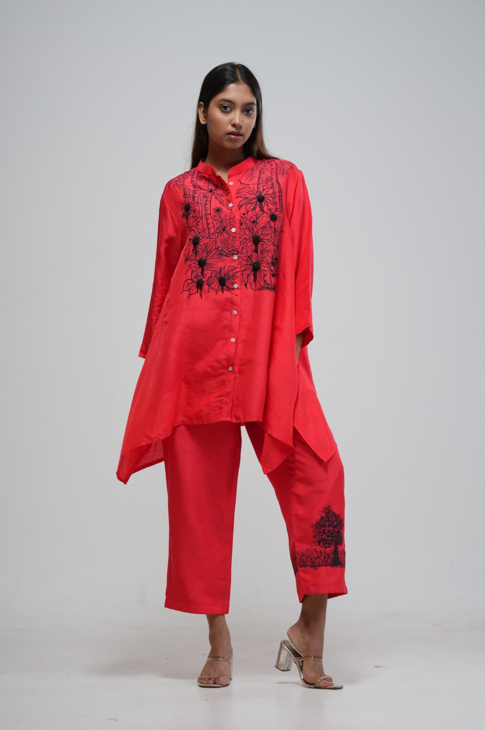 Neon Coral Embroidered Cropped Kaftan thumbnail