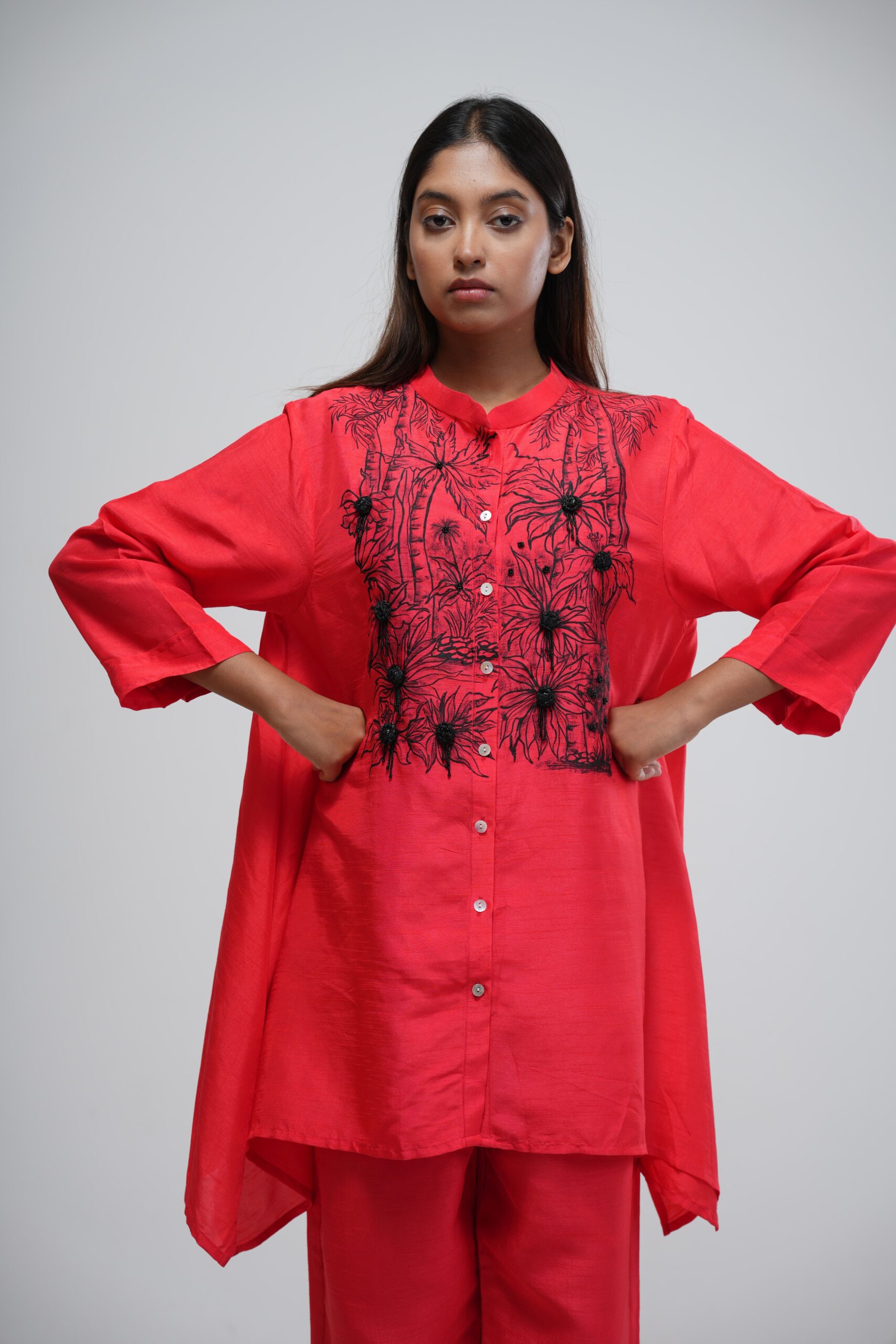 Neon Coral Embroidered Cropped Kaftan