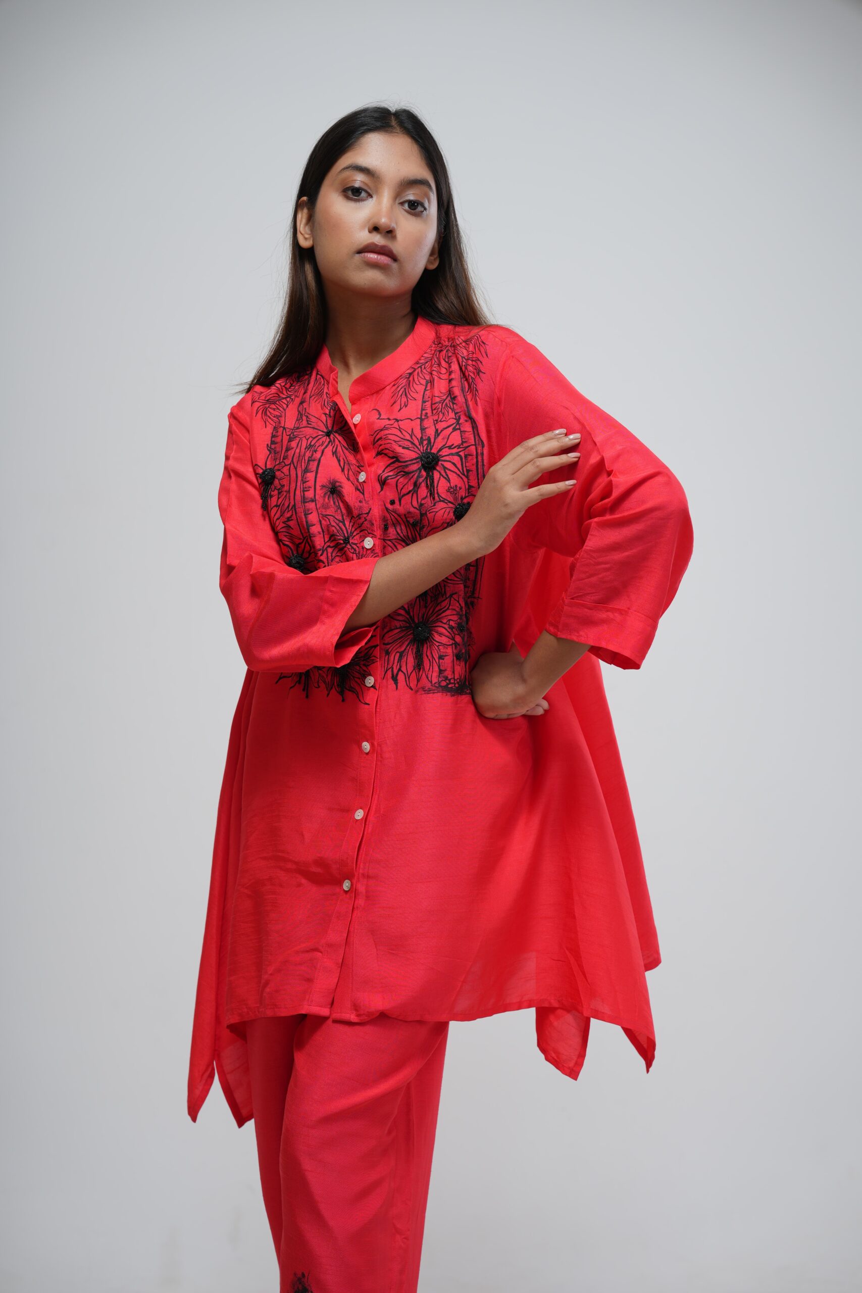 Neon Coral Embroidered Cropped Kaftan thumbnail