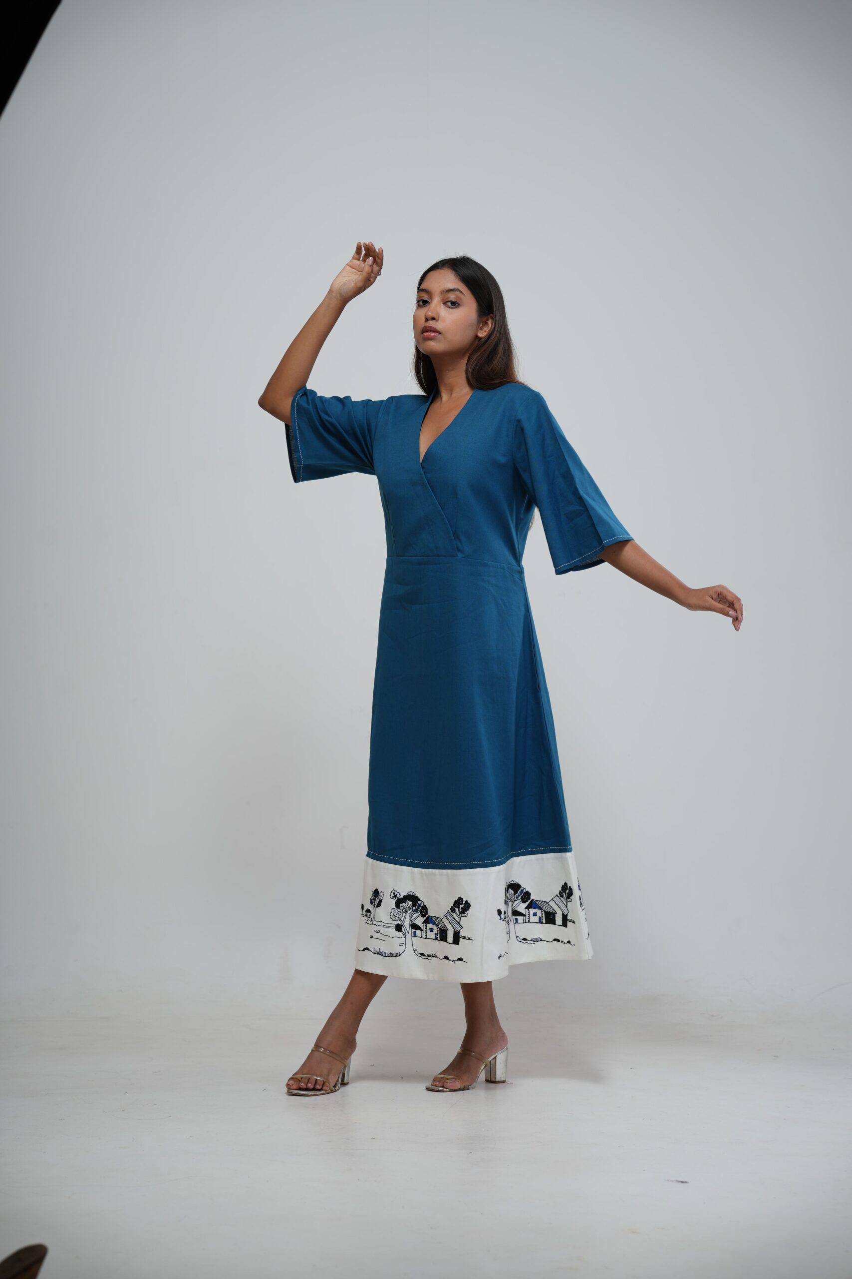 Teal Blue Warli Print Wrap Midi Dress thumbnail