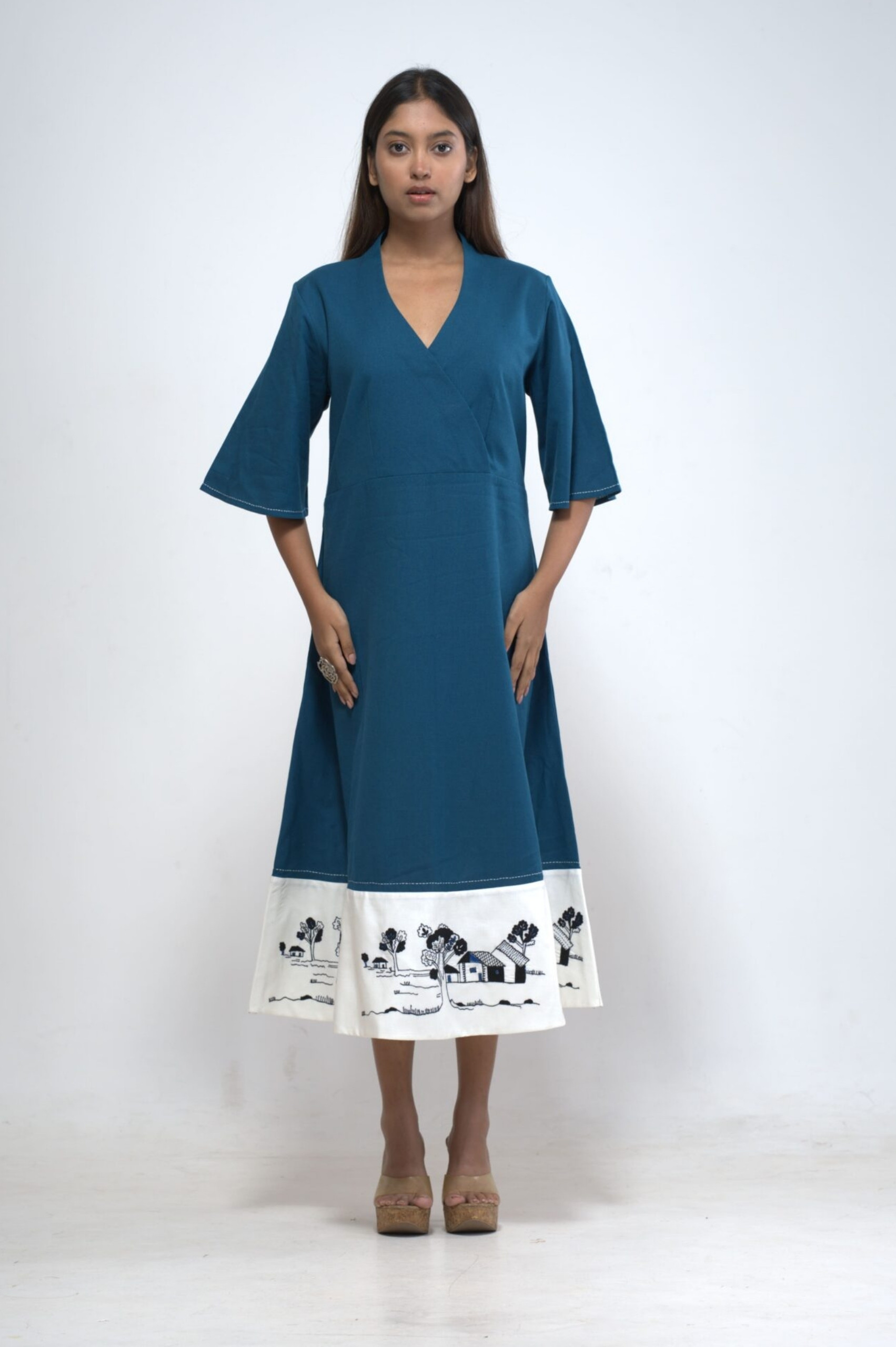 Teal Blue Warli Print Wrap Midi Dress alternate view
