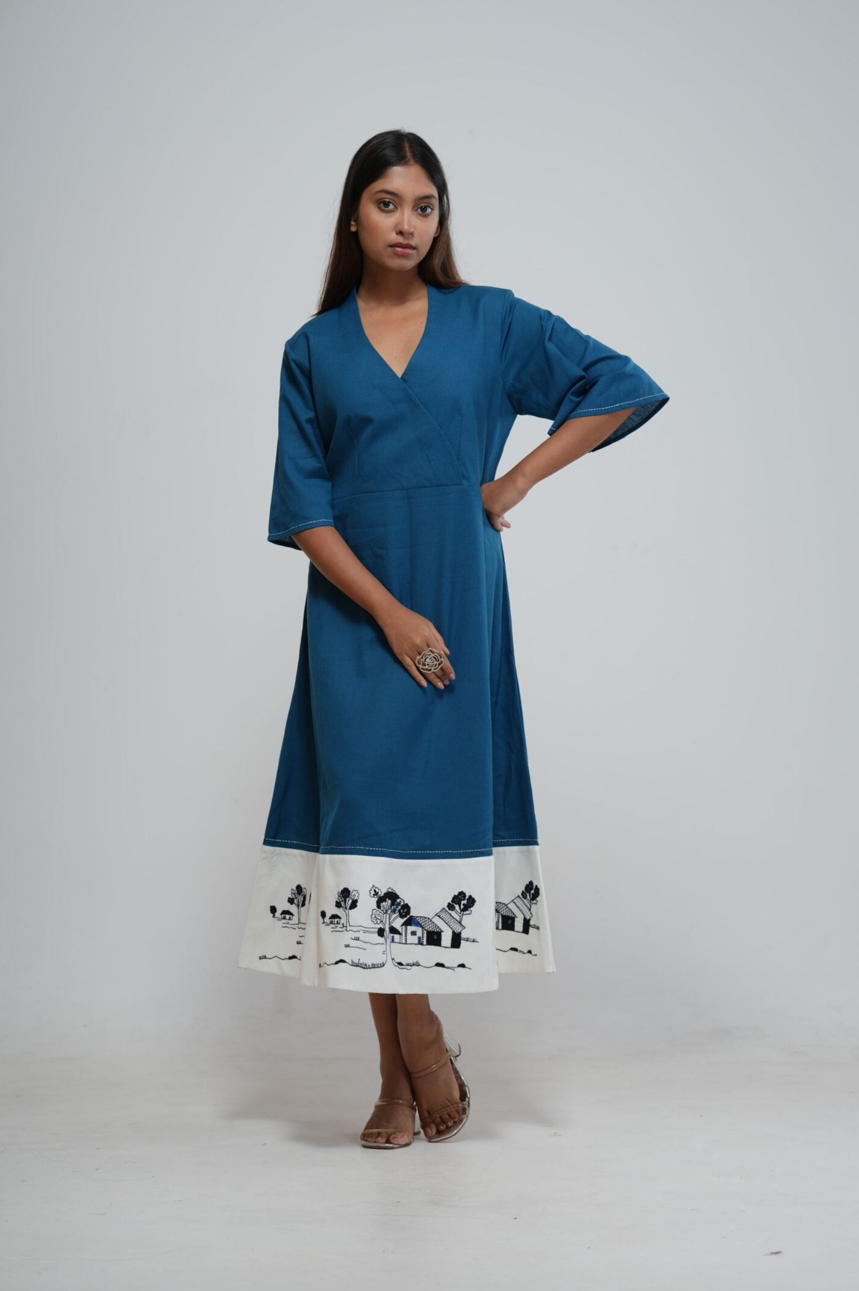 Teal Blue Warli Print Wrap Midi Dress thumbnail